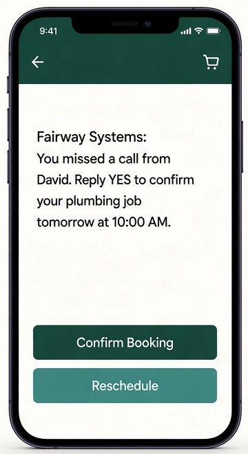 Phone showing a booking confirmation text with Confirm and Reschedule buttons